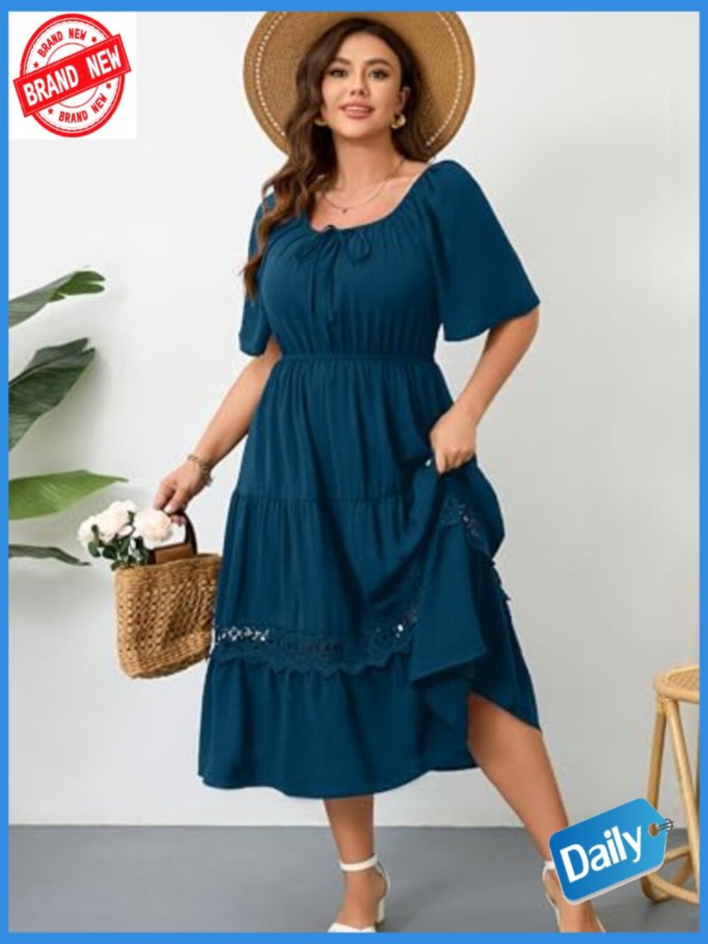 Plus Size Maxi Dress Ruffle Sleeve Square Neck Flowy A-Line Lace Trim - Picture 4 of 7